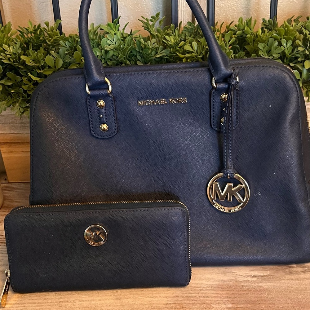 Michael Kors Blue Satchel with Gold Hardware and Structured Design